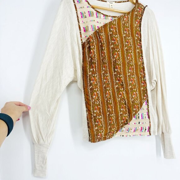 Anthropologie Tiny Sammi Sequined Puff Sleeve Boho Top Blouse Neutral XS - Picture 5 of 10